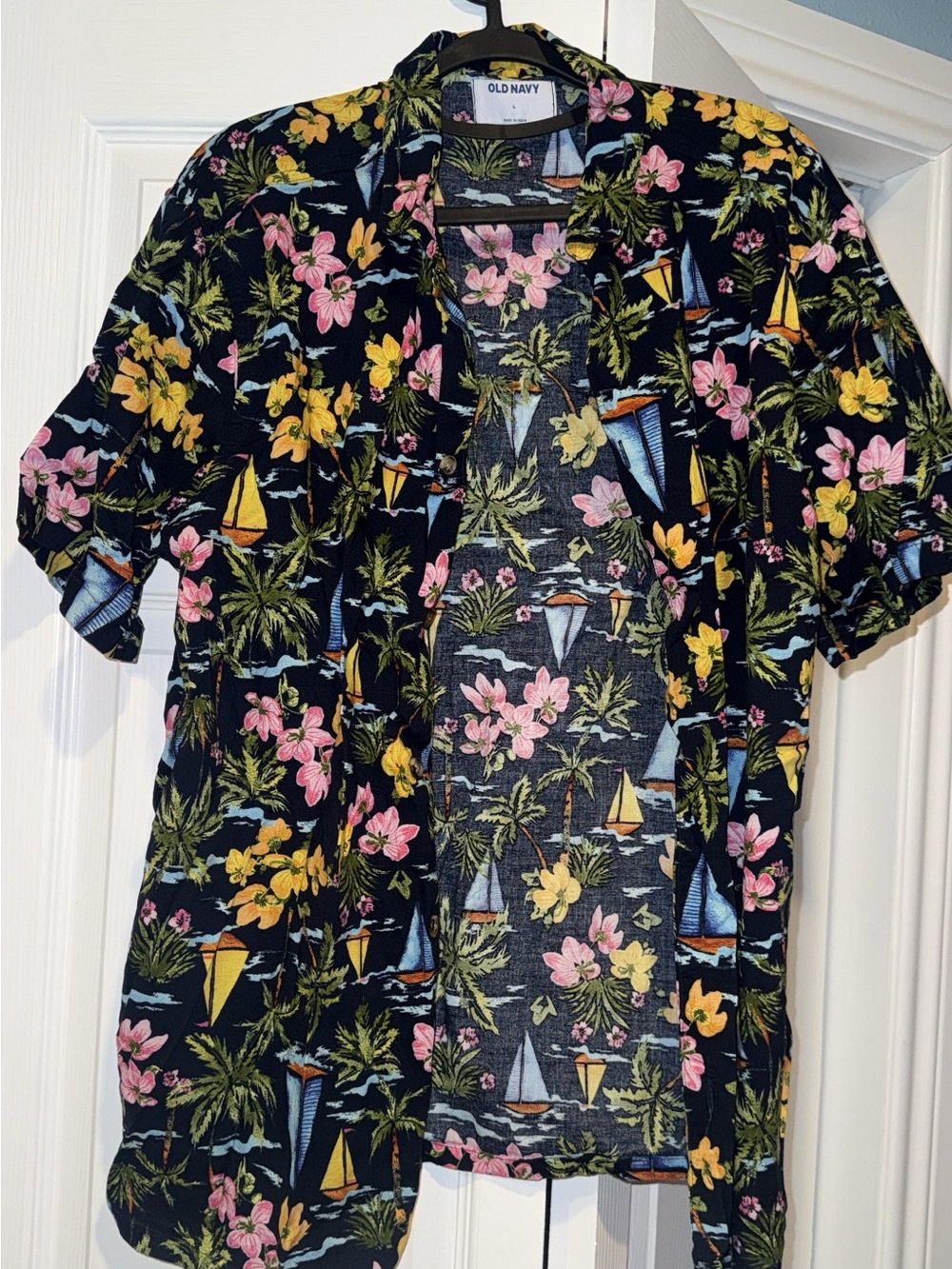 Old Navy Black Hawaiian Shirt with Pink & Yellow Floral Sailboat Print
